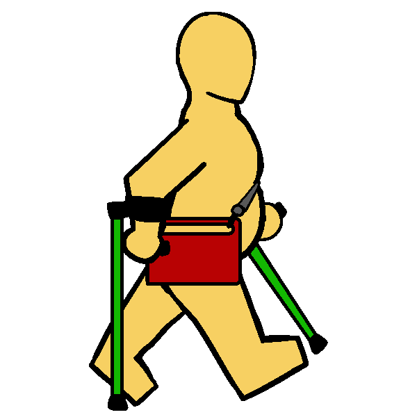 A yellow fat person with green forearm crutches and a red AAC device on a shoulder strap walking.